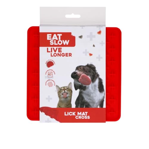 Eat Slow Live Longer Licking Mat Crosses - 19 x 19 cm - Quadratisch - Schnüffelmatte - Anti-Schnüffelmatte - Slow Feeder - Ablenkung - Hunde und Katzen - 100% Silikon - Spülmaschinenfest - Rot von Eat Slow Live Longer