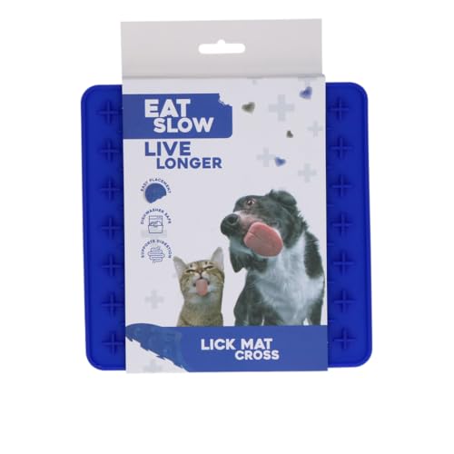 Eat Slow Live Longer Lickmat Crosses - 19 x 19 cm - Quadratisch - Schnuffelmatte - Anti-Kratz-Matte - Slowfeeder - Ablenkung - Hunde und Katzen - 100% Silikon - Spülmaschinenfest - Blau von Eat Slow Live Longer