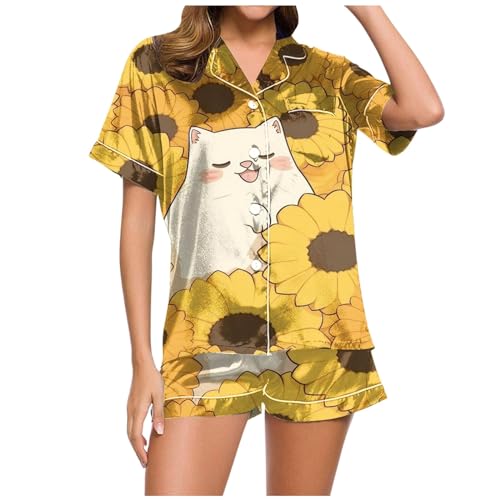 Damen Schlafanzug, Pjama Set für Damen, Pyjamas Zweiteiler Shorty Nachtwäsche Set Umlegekragen mit Knopfleiste Loungewear Leicht Lässiger Kurzarm Nachthemd und Kurze Hosen Bademantel Druck 2024 von Eauptffy