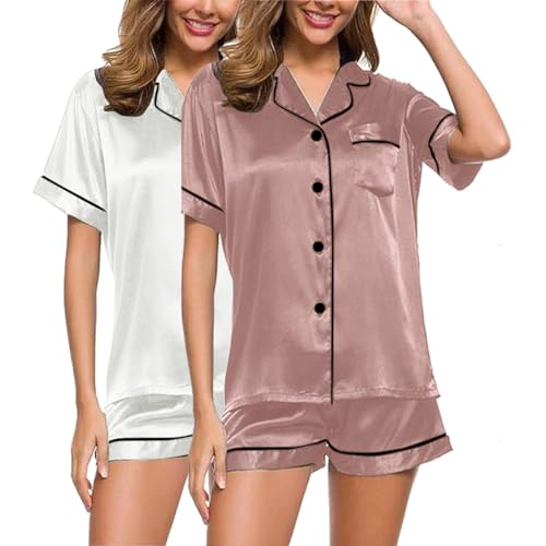 Eauptffy 2pc Damen Schlafanzug, Pyjama Set Damen, Pjs Zweiteiler Shorty Nachtwäsche Set mit Knopf Umlegekragen Hausanzug Weich Lounge Kurzarm Sleepshirt und Short Bademantel Solid Halloween Eauptffy 2pc Damen Schlafanzug, Pyjama Set Damen, Pjs Zweiteiler Shorty Nachtwäsche Set mit Knopf Umlegekragen Hausanzug Weich Lounge Kurzarm Sleepshirt und Short Bademantel Solid Halloween von Eauptffy