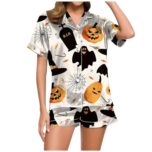 Eauptffy Damen Schlafanzug, Pyjama Damen Kurz, Pyjama-Set Kurz Zweiteilige Nachtwäsche Set mit Knöpfen Turnup Nachtkleidung Casual Leicht Kurzarm Nachthemd und Shorts Negligé Gedrucktes Sommer von Eauptffy