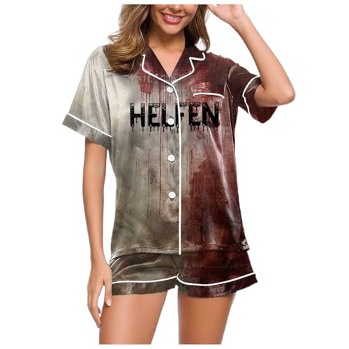 Eauptffy Damen Schlafanzug Kurz, Pyjama Damen Satin, Pyjama Set Zweiteiliger Kurz Nachtwäsche Revers mit Knopf Nightwear Beiläufig Bequemer Kurzarm Nachthemd und Schlafhose Bademantel Gedruckt Sommer Eauptffy Damen Schlafanzug Kurz, Pyjama Damen Satin, Pyjama Set Zweiteiliger Kurz Nachtwäsche Revers mit Knopf Nightwear Beiläufig Bequemer Kurzarm Nachthemd und Schlafhose Bademantel Gedruckt Sommer von Eauptffy
