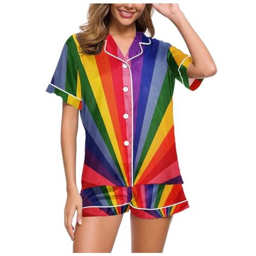 Eauptffy Satin Schlafanzug Damen, Pyjama Damen Kurz, Pyjama Set Kurz Zweiteiliger Nachtwäsche Revers mit Knöpfen Homewear Lässiges Leicht Kurzarm Top und Pyjamahosen Morgenmantel Gedruckter Sommer von Eauptffy