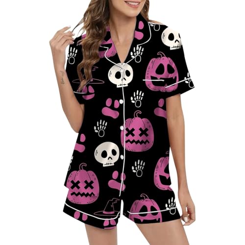 Eauptffy Schlafanzüge für Damen, Pyjama Damen, Pjs Sets Kurz Zweiteilige Nachtwäsche Set Revers mit Knopfleiste Nachtkleidung Casual Bequeme Kurzarm Shirt und Schlafshort Nachtkleid Bedruckter Sommer von Eauptffy