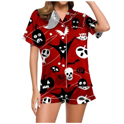 Eauptffy Schlafanzüge für Damen, Pyjama Damen Kurz, Pjs Zweiteilige Shorty Nachtwäsche Reverskragen mit Knopf Nightwear Komfort Freizeit Kurzarm T Shirt und Pyjamahose Morgenmantel Aufdruck Halloween Eauptffy Schlafanzüge für Damen, Pyjama Damen Kurz, Pjs Zweiteilige Shorty Nachtwäsche Reverskragen mit Knopf Nightwear Komfort Freizeit Kurzarm T Shirt und Pyjamahose Morgenmantel Aufdruck Halloween von Eauptffy