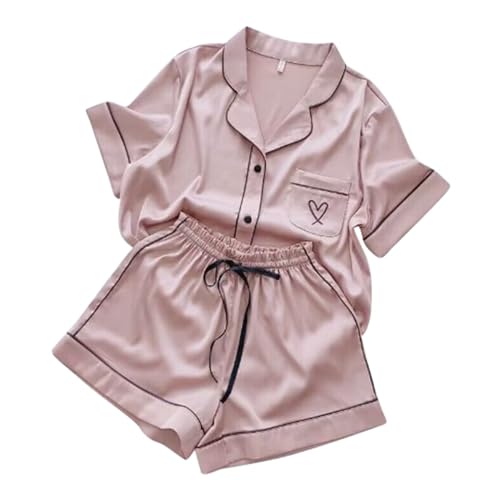 Eauptffy Schlafanzug Damen Satin, Pjama Set für Damen, Schlafanzüge Zweiteiliges Kurz Nachtwäsche Turnup mit Knöpfen Hausanzug Lässiger Weich Kurzarm Sleepshirt und Shorts Bademantel Einfarbig Sommer Eauptffy Schlafanzug Damen Satin, Pjama Set für Damen, Schlafanzüge Zweiteiliges Kurz Nachtwäsche Turnup mit Knöpfen Hausanzug Lässiger Weich Kurzarm Sleepshirt und Shorts Bademantel Einfarbig Sommer von Eauptffy