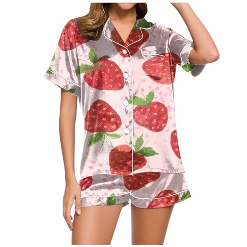Eauptffy Schlafanzug Kurz Damen, Womens Pyjamas, Pyjama-Set Zweiteiliger Shorty Nachtwäsche Umlegekragen mit Knopf Homewear Beiläufig Leicht Kurzarm Sleepshirt und Pyjamahosen Negligé Drucken Sommer von Eauptffy