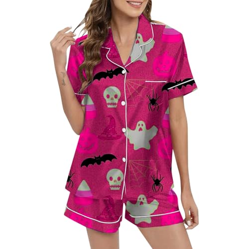 Eauptffy Schlafanzug Mädchen, Pyjama Damen Sommer, Pjs Zweiteiliger Kurz Nachtwäsche mit Knöpfe Revers Hausanzug Leichte Freizeit Kurzarm Top und Schlafhosen Bademantel Bedruckt Sommer von Eauptffy
