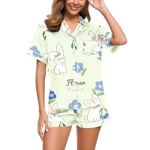 Eauptffy Schlafanzug Teenager Mädchen, Womens Pyjamas, Pyjama Set Shorty Zweiteiler Nachtwäsche mit Knopfleiste Umlegekragen Nightwear Leicht Lounge Kurzarm Shirt und Short Nachtkleid Gedruckt Sommer Eauptffy Schlafanzug Teenager Mädchen, Womens Pyjamas, Pyjama Set Shorty Zweiteiler Nachtwäsche mit Knopfleiste Umlegekragen Nightwear Leicht Lounge Kurzarm Shirt und Short Nachtkleid Gedruckt Sommer von Eauptffy