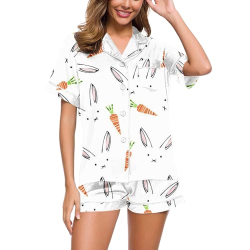 Eauptffy Schlafanzug Teenager Mädchen, Womens Pyjamas, Pyjama Set Shorty Zweiteiler Nachtwäsche mit Knopfleiste Umlegekragen Nightwear Leicht Lounge Kurzarm Shirt und Short Nachtkleid Gedruckt Sommer Eauptffy Schlafanzug Teenager Mädchen, Womens Pyjamas, Pyjama Set Shorty Zweiteiler Nachtwäsche mit Knopfleiste Umlegekragen Nightwear Leicht Lounge Kurzarm Shirt und Short Nachtkleid Gedruckt Sommer von Eauptffy
