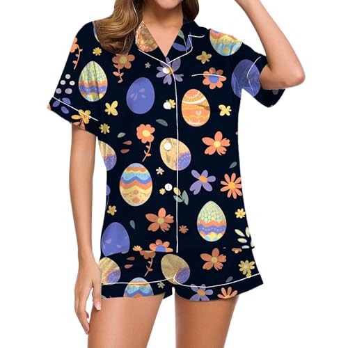 Kurzer Schlafanzug Damen, Damen Pyjama Sommer, Pyjama Set Kurz Zweiteiler Nachtwäsche Set Umlegekragen mit Knopfleiste Nachtkleidung Leichter Casual Kurzarm T Shirt und Shorts Negligé Bedruckt Sommer von Eauptffy