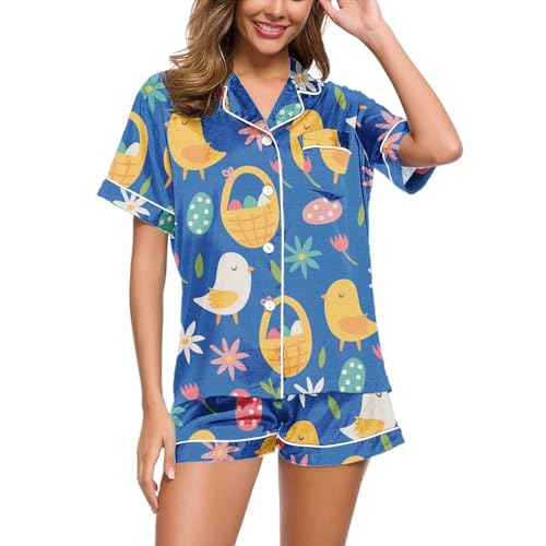 Kurzer Schlafanzug Damen, Shorty Pyjama Damen, Pjs Sets Shorty Zweiteilige Nachtwäsche mit Knopfleiste Reverskragen Nightwear Lässig Leichter Kurzarm T Shirt und Short Negligé Gedruckter Sommer von Eauptffy