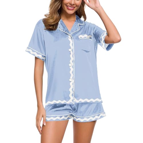 Musselin Schlafanzug Damen, Pyjama Damen, Pyjamas Set Shorty Zweiteilige Nachtwäsche Set mit Knopf Umlegekragen Nachtkleidung Casual Kurzarm Oberteil und Kurze Hose Schlafoverall Einfarbig 2024 von Eauptffy