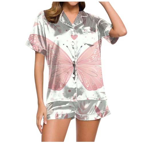 Schlafanzüge für Damen, Musselin Pyjama Damen, Pjs Sets Zweiteiler Shorty Nachtwäsche mit Knöpfen Turnup Loungewear Kuschelig Lässiges Kurzarm Top und Pyjamahosen Morgenmantel Gedruckter Sommer von Eauptffy