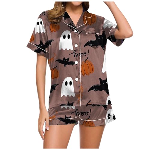 Schlafanzug Damen, Pyjama Damen Kurz, Pyjama-Set Zweiteiler Kurz Nachtwäsche mit Knopfleiste Revers Loungewear Leicht Beiläufig Kurzarm Sleepshirt und Kurze Hosen Nachtkleid Aufdruck Halloween Schlafanzug Damen, Pyjama Damen Kurz, Pyjama-Set Zweiteiler Kurz Nachtwäsche mit Knopfleiste Revers Loungewear Leicht Beiläufig Kurzarm Sleepshirt und Kurze Hosen Nachtkleid Aufdruck Halloween von Eauptffy
