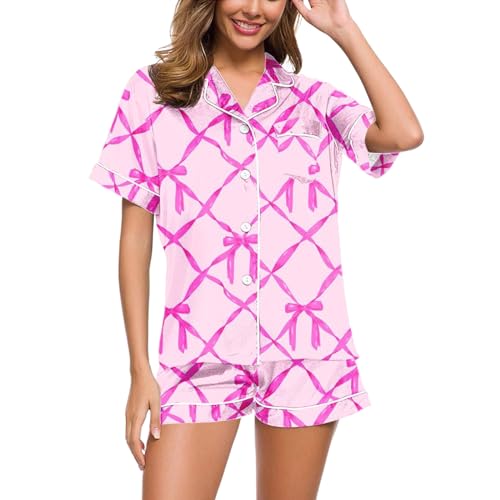 Schlafanzug Damen Kurz, Pyjama Damen Satin, Pyjama Set Shorty Zweiteilige Nachtwäsche Set Revers mit Knopfleiste Hausanzug Lässig Leichter Kurzarm Sleepshirt und Kurze Hose Bademantel Bedruckte 2024 von Eauptffy