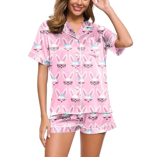 Schlafanzug Damen Kurz Set Sexy, Pyjama Damen, Schlafanzüge Zweiteilige Kurz Nachtwäsche Set Turnup mit Knopf Hausanzug Bequemer Lässig Kurzarm Oberteil und Pyjamahosen Morgenmantel Bedruckter 2024 von Eauptffy