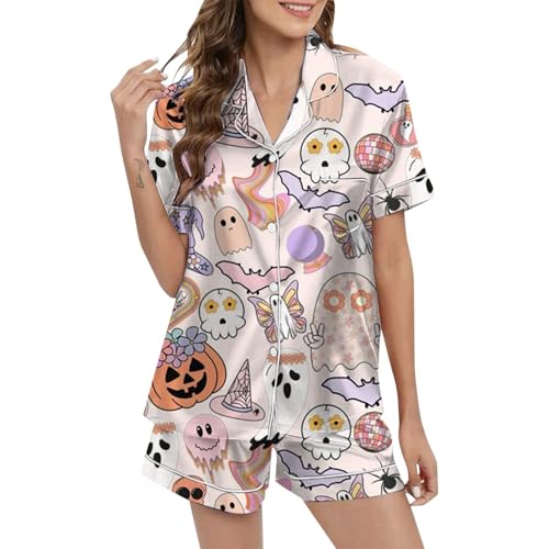 Schlafanzug Damen Satin, Pyjama Damen Satin, Pyjamas Set Zweiteilige Shorty Nachtwäsche Reverskragen mit Knopfleiste Homewear Beiläufig Bequeme Kurzarm Top und Pyjamahose Negligé Bedruckter Halloween Schlafanzug Damen Satin, Pyjama Damen Satin, Pyjamas Set Zweiteilige Shorty Nachtwäsche Reverskragen mit Knopfleiste Homewear Beiläufig Bequeme Kurzarm Top und Pyjamahose Negligé Bedruckter Halloween von Eauptffy