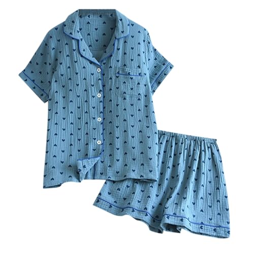 Schlafanzug Damen Satin, Pyjama Damen Sommer, Pyjamas Set Kurz Zweiteilige Nachtwäsche Turnup mit Knöpfen Loungewear Lässige Bequeme Kurzarm Nachthemd und Schlafshorts Nachtkleid Bedruckt 2024 von Eauptffy