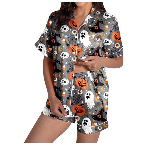 Schlafanzug Damen Sommer, Pyjama Damen Satin, Pyjama-Set Kurz Zweiteiliges Nachtwäsche Turnup mit Knöpfe Nightwear Kuschelig Beiläufig Kurzarm Top und Pyjamahose Schlafoverall Gedrucktes Halloween Schlafanzug Damen Sommer, Pyjama Damen Satin, Pyjama-Set Kurz Zweiteiliges Nachtwäsche Turnup mit Knöpfe Nightwear Kuschelig Beiläufig Kurzarm Top und Pyjamahose Schlafoverall Gedrucktes Halloween von Eauptffy