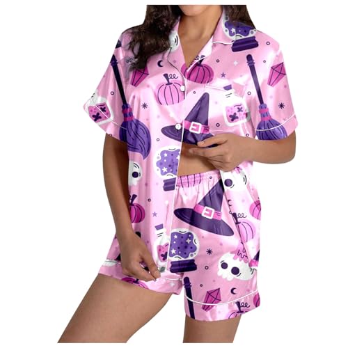 Schlafanzug Damen Sommer, Pyjama Damen Satin, Pyjama-Set Kurz Zweiteiliges Nachtwäsche Turnup mit Knöpfe Nightwear Kuschelig Beiläufig Kurzarm Top und Pyjamahose Schlafoverall Gedrucktes Halloween Schlafanzug Damen Sommer, Pyjama Damen Satin, Pyjama-Set Kurz Zweiteiliges Nachtwäsche Turnup mit Knöpfe Nightwear Kuschelig Beiläufig Kurzarm Top und Pyjamahose Schlafoverall Gedrucktes Halloween von Eauptffy
