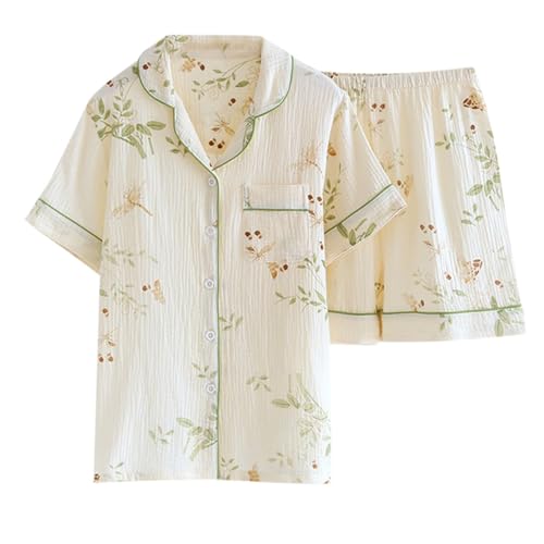 Schlafanzug Damen Sommer, Womens Pyjamas, Pjs Zweiteiliger Shorty Nachtwäsche Set Reverskragen mit Knopfleiste Sleepwear Kuschelig Beiläufig Kurzarm T Shirt und Short Bademantel Gedruckt Halloween von Eauptffy