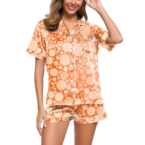 Schlafanzug Kurz Damen, Sommer Pyjama Damen Kurz, Pyjamas Kurz Zweiteiliger Nachtwäsche Set Reverskragen mit Knöpfen Hausanzug Lässiges Leicht Kurzarm Top und Shorts Morgenmantel Druck Halloween von Eauptffy