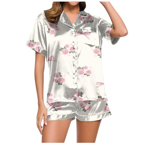 Sommer Schlafanzug Damen, Pyjama Damen Satin, Pjs Zweiteiliger Kurz Nachtwäsche Set mit Knopfleiste Reverskragen Sleepwear Lässiges Leichte Kurzarm T Shirt und Schlafshorts Negligé Drucken Sommer Sommer Schlafanzug Damen, Pyjama Damen Satin, Pjs Zweiteiliger Kurz Nachtwäsche Set mit Knopfleiste Reverskragen Sleepwear Lässiges Leichte Kurzarm T Shirt und Schlafshorts Negligé Drucken Sommer von Eauptffy