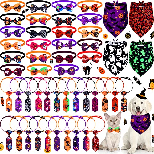 50-teiliges Katzen-Hunde-Fliegen-Set enthält 4 Hundehalstücher, 23 Haustier-Krawatten, 23 Haustier-Kostüm-Fliegen, verstellbar für Hunde, Halloween, Weihnachten (Kürbismuster) von Eccliy