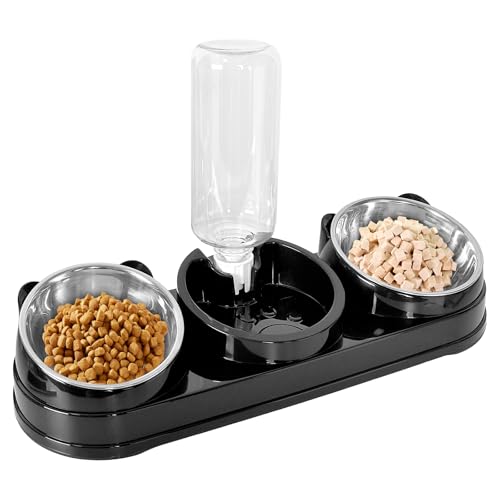 Eclove 3 In 1 KatzennäPfe,Katzenfressnapf,15° Kippbarer Katzennapf,Haustiernapf-Set, Doppel-KatzennäPfe Mit Wasserspender,Futter- und Wassernapf für Kleine und MittelgroßE Hunde (Schwarz) von Eclove