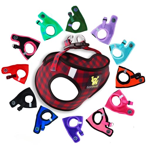 EcoBark Step in Dog Harness,Umweltfreundliches Teacup Hundegeschirr für XXS, XS und kleine Hunde,Winziges weiches Netz-Spielzeug-Rassengeschirr (Rot Plaid, XXS) von EcoBark