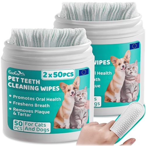 EcoEarth - Zahnreinigungstücher für Hunde & Katzen - Finger-Pads zur Zahnpflege für Haustiere für frischen Atem & Mundhygiene - Entfernen Plaque & Zahnstein - 100 Stück von EcoEarth