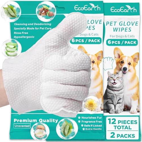 EcoEarth Pet Bathing Wipes for Dogs & Cats, Cleaning & Deodorizing Grooming Gloves, Nourish Fur Glove Wipes for Daily Care and Traveling, 12 PCS/Bag von EcoEarth