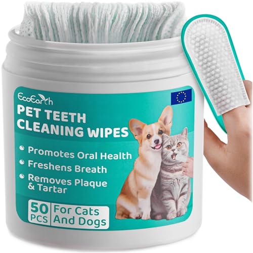 EcoEarth - Zahnreinigungstücher für Hunde & Katzen – Haustierzahnpflege Fingerpads für frischen Atem & Mundhygiene – geprägtes Muster & Nano-Kunststoff-Punkte zum Entfernen von Plaque & Zahnstein – 50 von EcoEarth