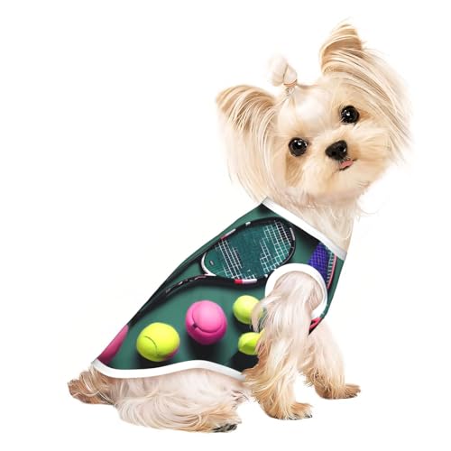 Lustige Tennisschläger und Tennisbälle, bedrucktes Hunde-Shirt für kleine Hunde, dehnbares T-Shirt, leichtes Tank-Top, ärmellos, gestreifte Weste von EdWal