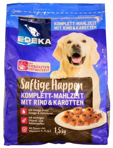 Edeka Saftige Happen mit Rind und Karotten Komplett-Mahlzeit für Hunde, 5er Pack (5 x 1,5 kg) von Edeka