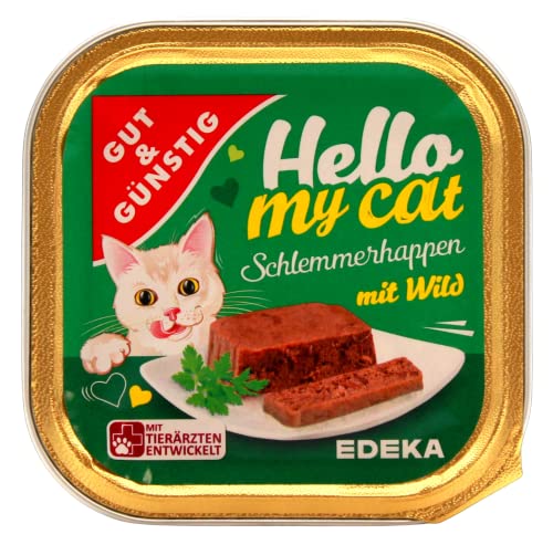 Gut & Günstig Hello My cat Schlemmerhappen mit Wild, 32er Pack (32 x 100g) von Edeka