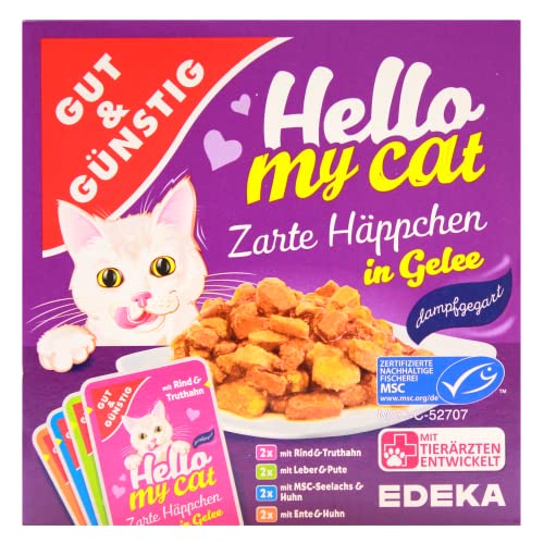 Gut & Günstig Hello My cat Zarte Häppchen in Gelee in 4 Geschmacksrichtungen, 8er Pack (8 x 800g) von Edeka