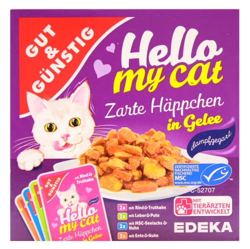 Gut & Günstig Hello My cat Zarte Häppchen in Gelee in 4 Geschmacksrichtungen, 8er Pack (8 x 800g) (lila) von Edeka