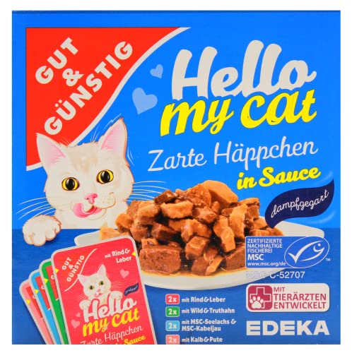 Gut & Günstig Hello My cat Zarte Häppchen in Sauce in 4 Geschmacksrichtungen, 8er Pack (8 x 800g) von Edeka