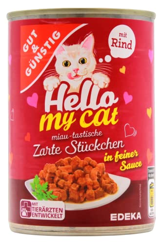 Gut & Günstig Hello My cat Zarte Stückchen in feiner Sauce mit Rind, 20er Pack (20 x 415g) von Edeka