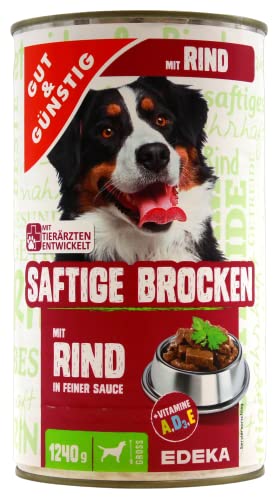 Gut & Günstig Saftige Brocken mit Rind in feiner Sauce, 6er Pack (6 x 1,24 kg) von Edeka