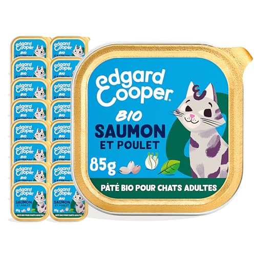 Edgard & Cooper Bio-Katzenfutter (Bio-Lachs & Huhn, 85 g x 16), biologisch, frisches Fleisch und Fisch und hochwertiges Protein, echte Zutaten für Katzen, Pastete für sterilisierte und aktive Katzen von Edgard Cooper
