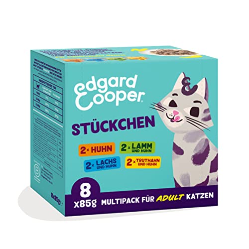 Edgard & Cooper Stückchen in Soße Katzenfutter Nass Adult getreidefrei hochwertiges Katzenfutter - Multipack 85g (8er Pack) - echtes Futter, nahrhafte Innereien, Gesunde Zutaten, 0% Zuckerzusatz von Edgard Cooper