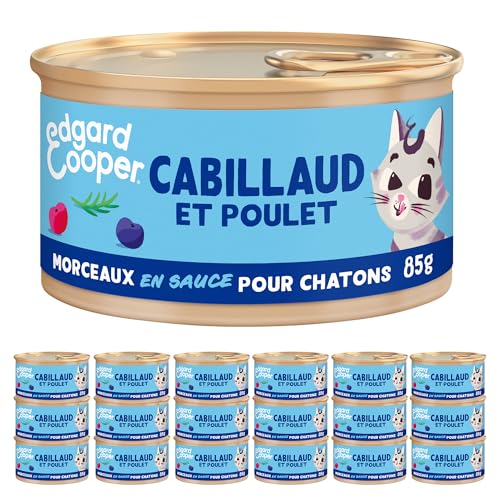 Edgard & Cooper Stücke Getreidesauce Kuchen Naturnahrung Verpackung 18 x 85g, Leckeres und ausgewogenes gesundes Essen (Kätzchen Cabillaud/Huhn) von Edgard Cooper
