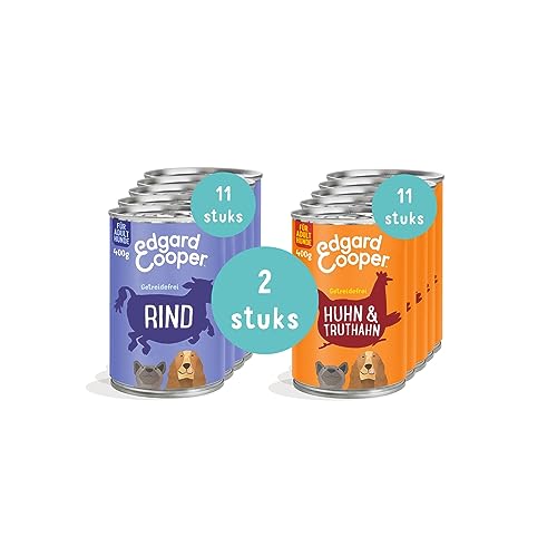 Edgard & Cooper Hundefutter Nass Adult Getreidefrei Rind 400g x6 + Huhn & Truthahn 400g x6 - mit viel frischem Fleisch und nahrhaften Innereien, ausgewogene Premiumnahrung von Edgard Cooper