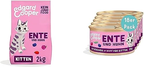 Edgard & Cooper Katzenfutter Kitten getreidefrei Trockenfutter hochwertiges Katzenfutter ohne Getreide Kitten Ente & Huhn 2kg + Edgard & Cooper Stückchen in Soße Katzenfutter Ente/Huhn 85gx18 von Edgard Cooper