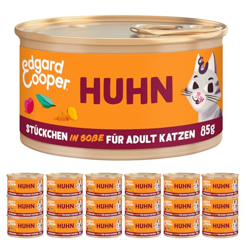 Edgard & Cooper Nassfutter für Katzen, (Huhn, 85g x 18), Katzenfutter nass in Sauce ohne Zucker und Getreidefrei, voll von frischem Fleisch, für sterilisierte und aktive Katzen, natürlichen Zutaten von Edgard Cooper