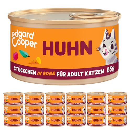 Edgard & Cooper Katzenfutter Nass Getreidefrei Katze Adult Erwachsene Sterilisierte oder Aktive Nassfutter Natürliche Stückchen in Soße 85g x 18 Huhn, Schmackhafte und Ausgewogene von Edgard Cooper