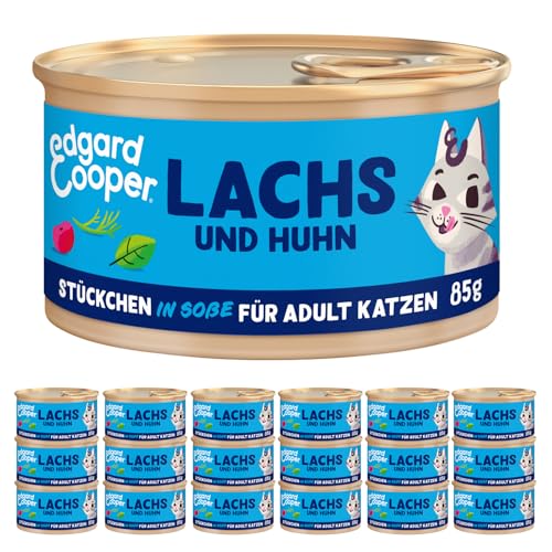 Edgard & Cooper Katzenfutter Nass Getreidefrei Katze Adult Erwachsene Sterilisierte oder Aktive Nassfutter Natürliche Stückchen in Soße 85g x 18 Lachs & Huhn, Schmackhafte und Ausgewogene von Edgard Cooper